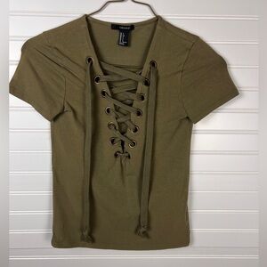 Forever 21 Lace-Up Olive Green Top
